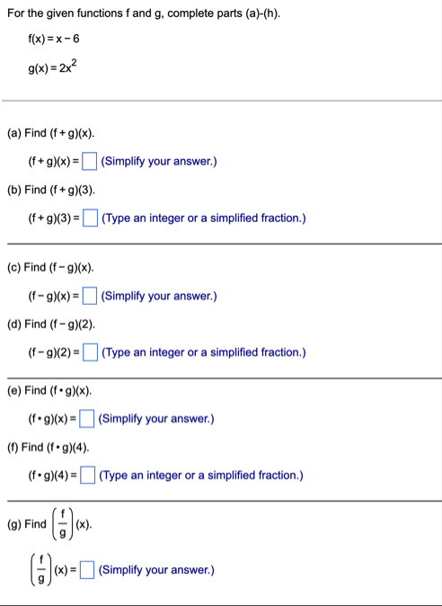 For the given functions f and g , complete parts