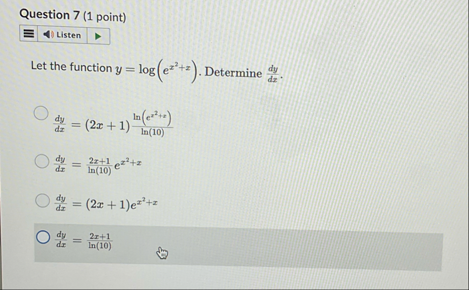 Question 7 ( 1 point ) Listen Let the function y