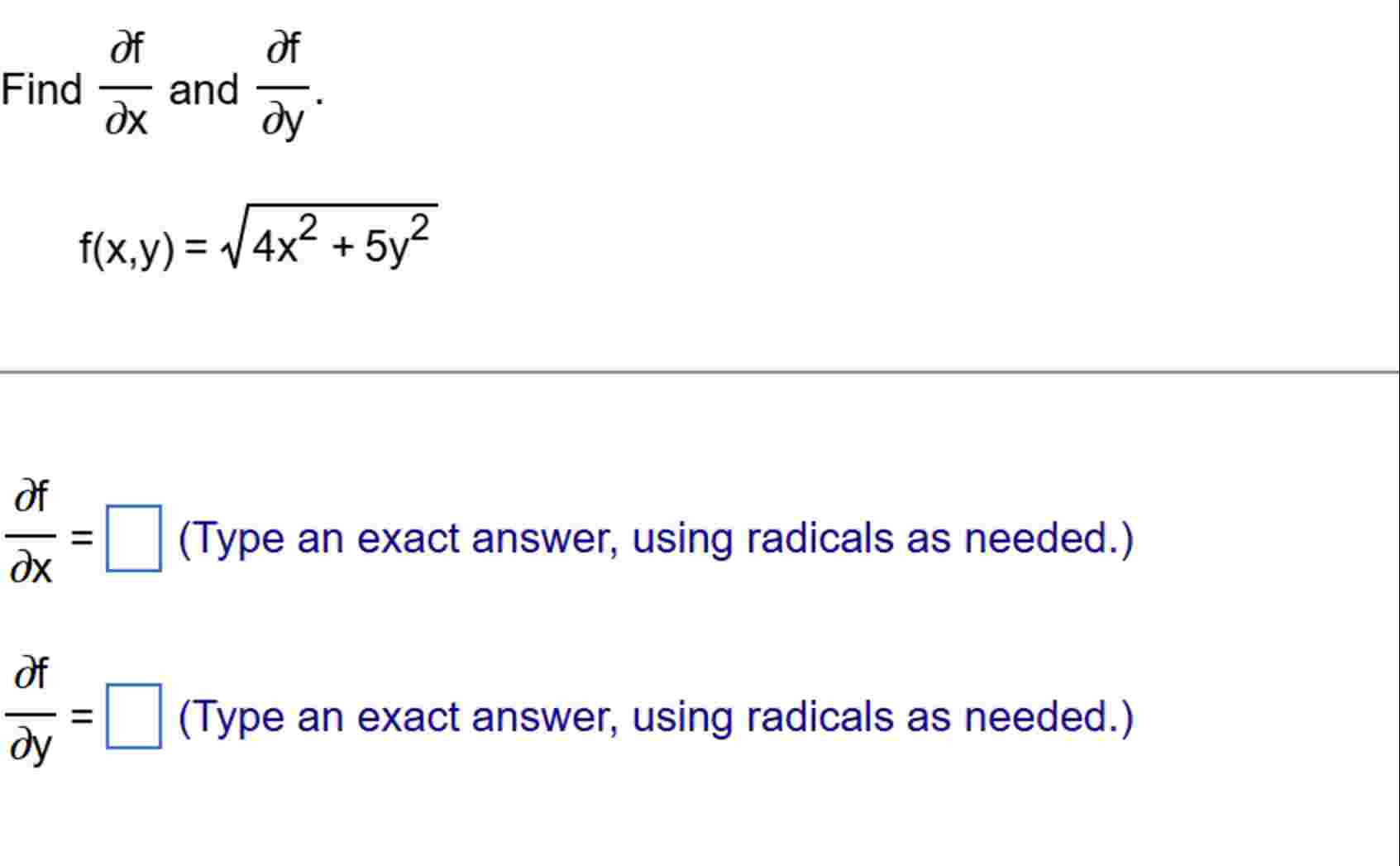 Find d e l f d e l x and d e l f d e l y . f ( x