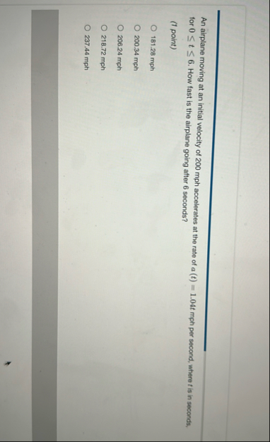 An airplane moving at an initial velocity of 2 0