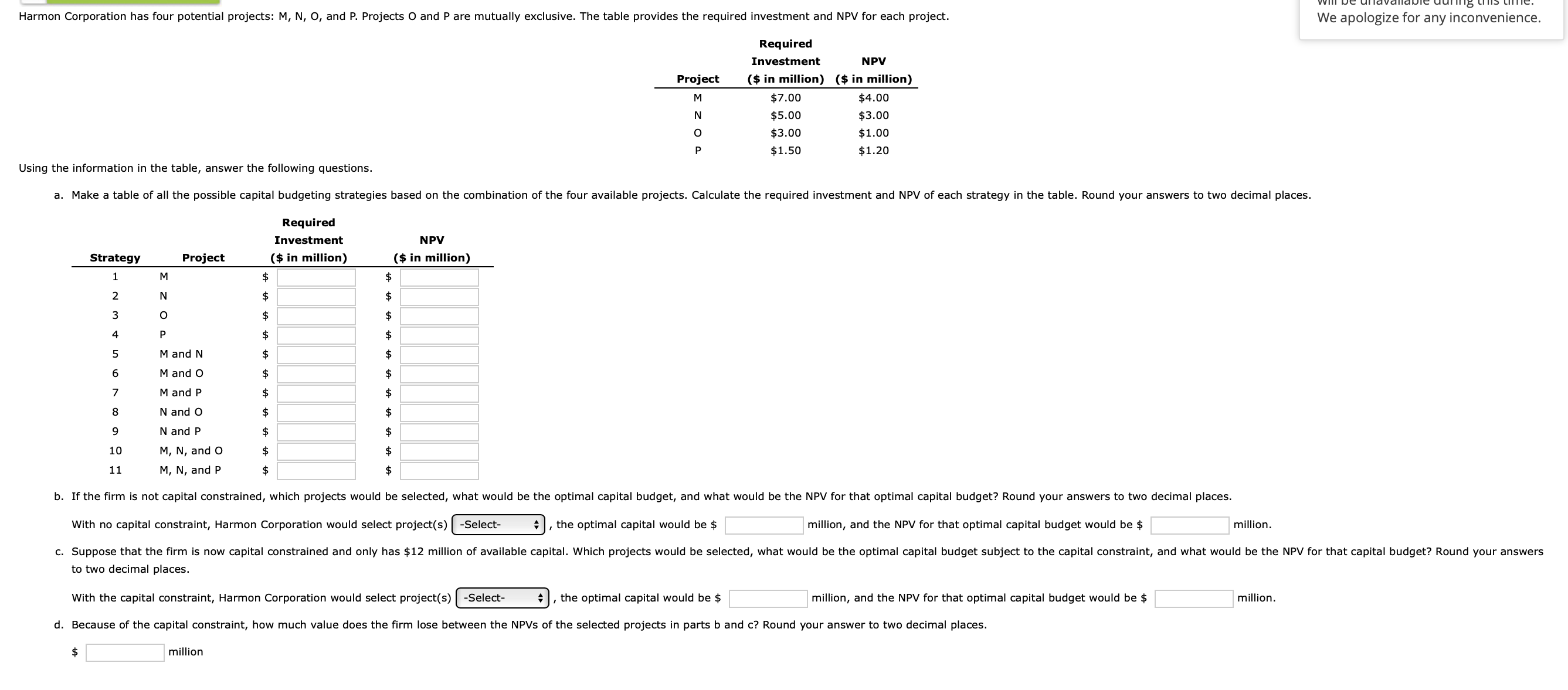 Harmon Corporation has four potential projects: \