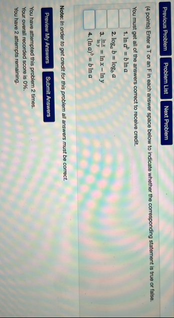 ( 4 points ) Enter a T or an F in each answer