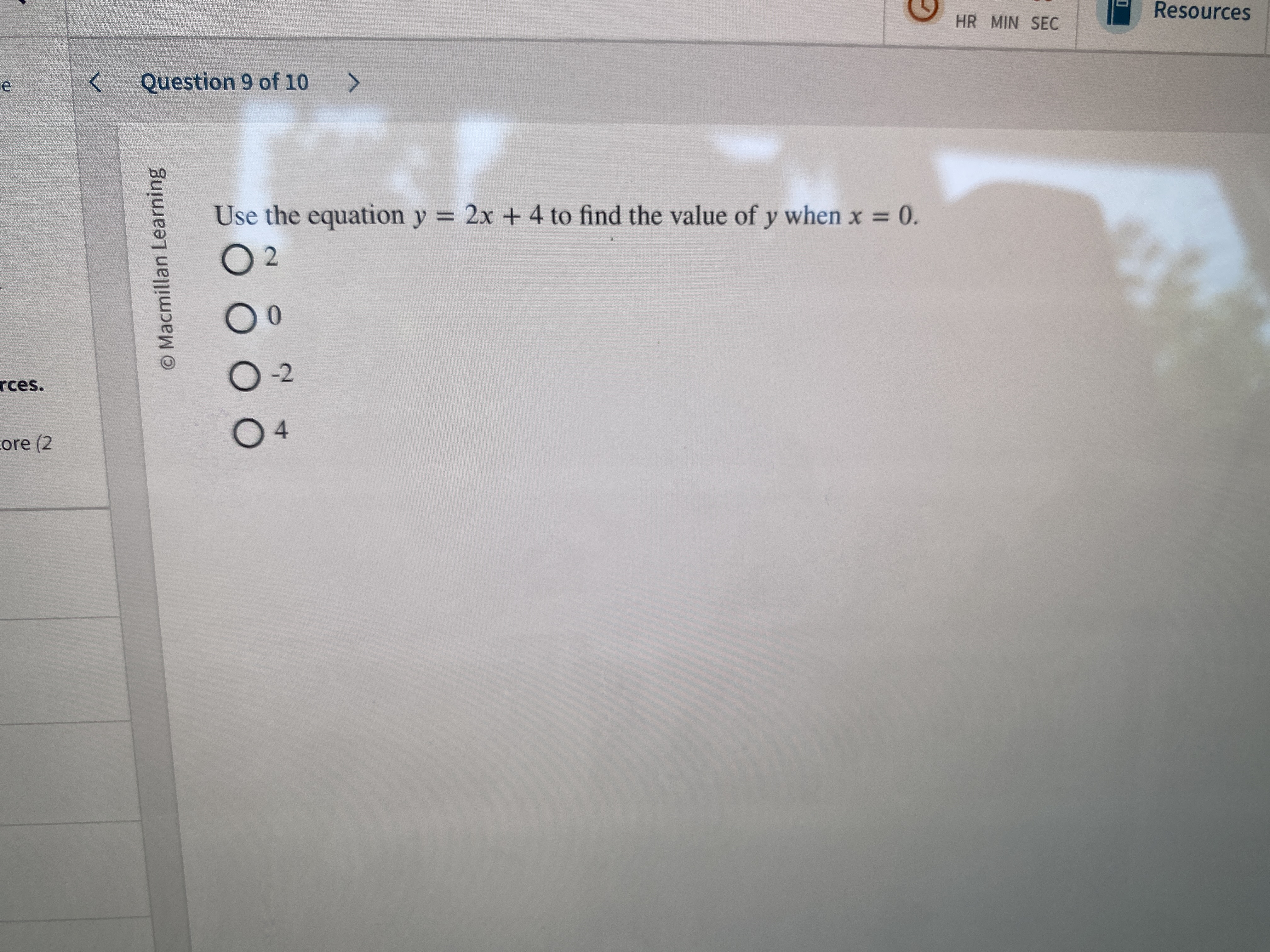 Question 9 o f 1 0 Use the equation y = 2 x + 4 t