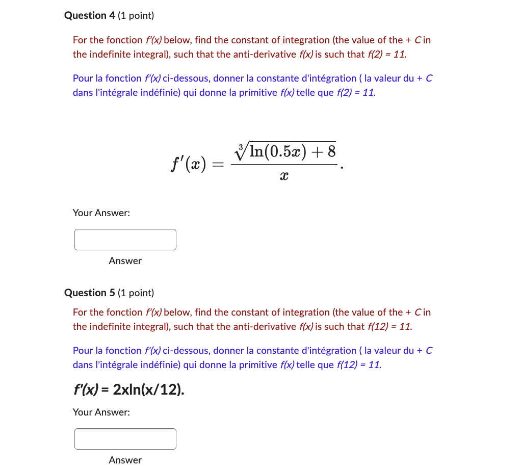 Question 4 ( 1 point ) For the fonction f ' ( x )