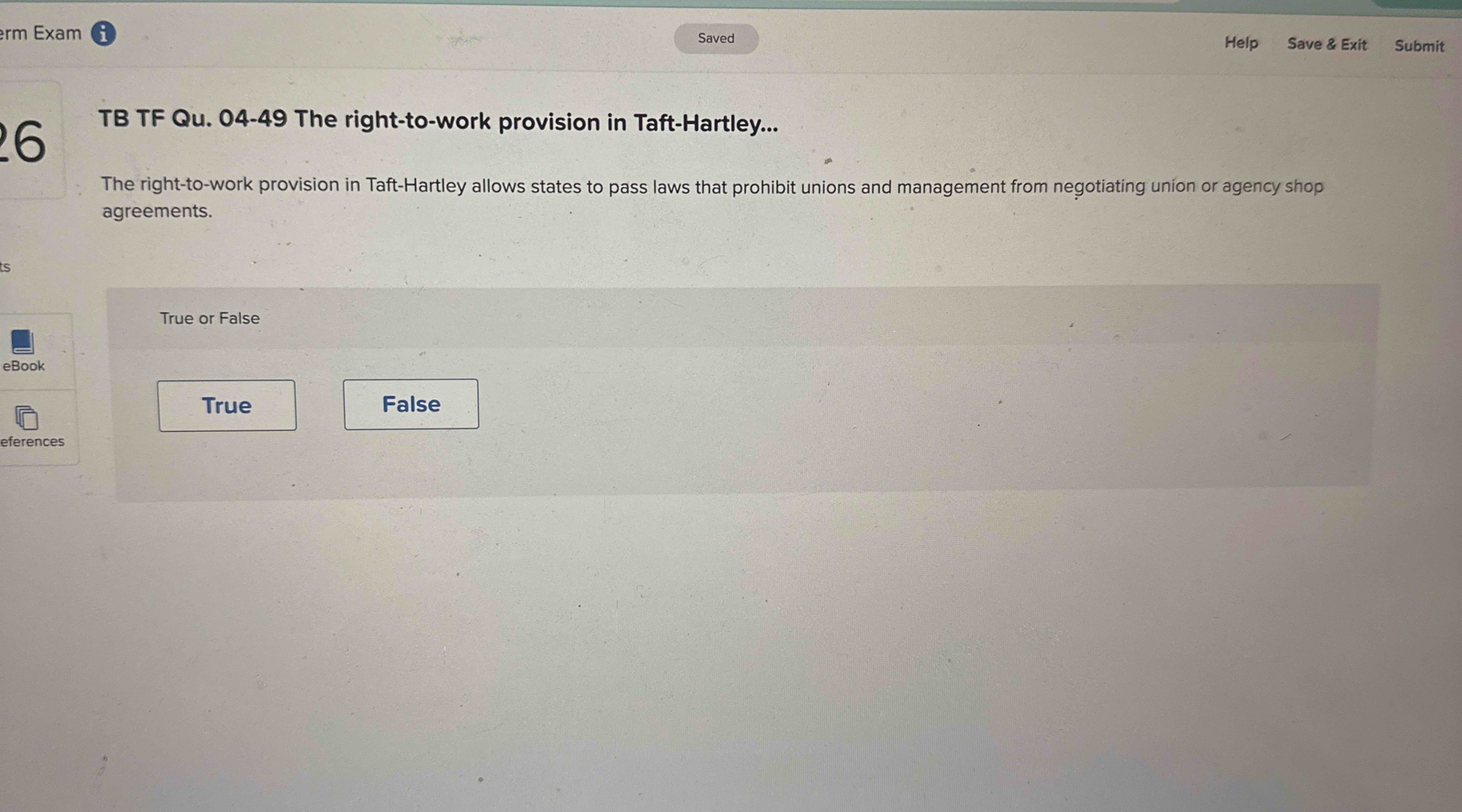 rm Exam Help Save \ & Exit Submit TB TF Qu . 0 4