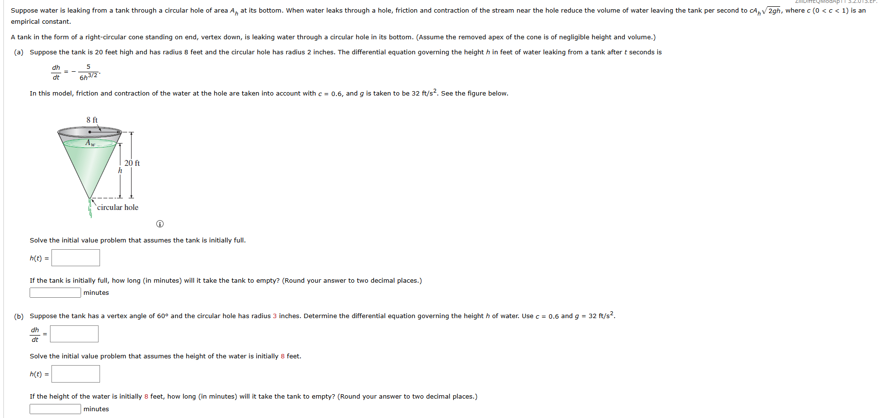 empirical constant. d h d t = - 5 6 h 3 2 I n