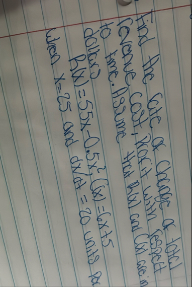 Find the rate of change of total revenue cost,