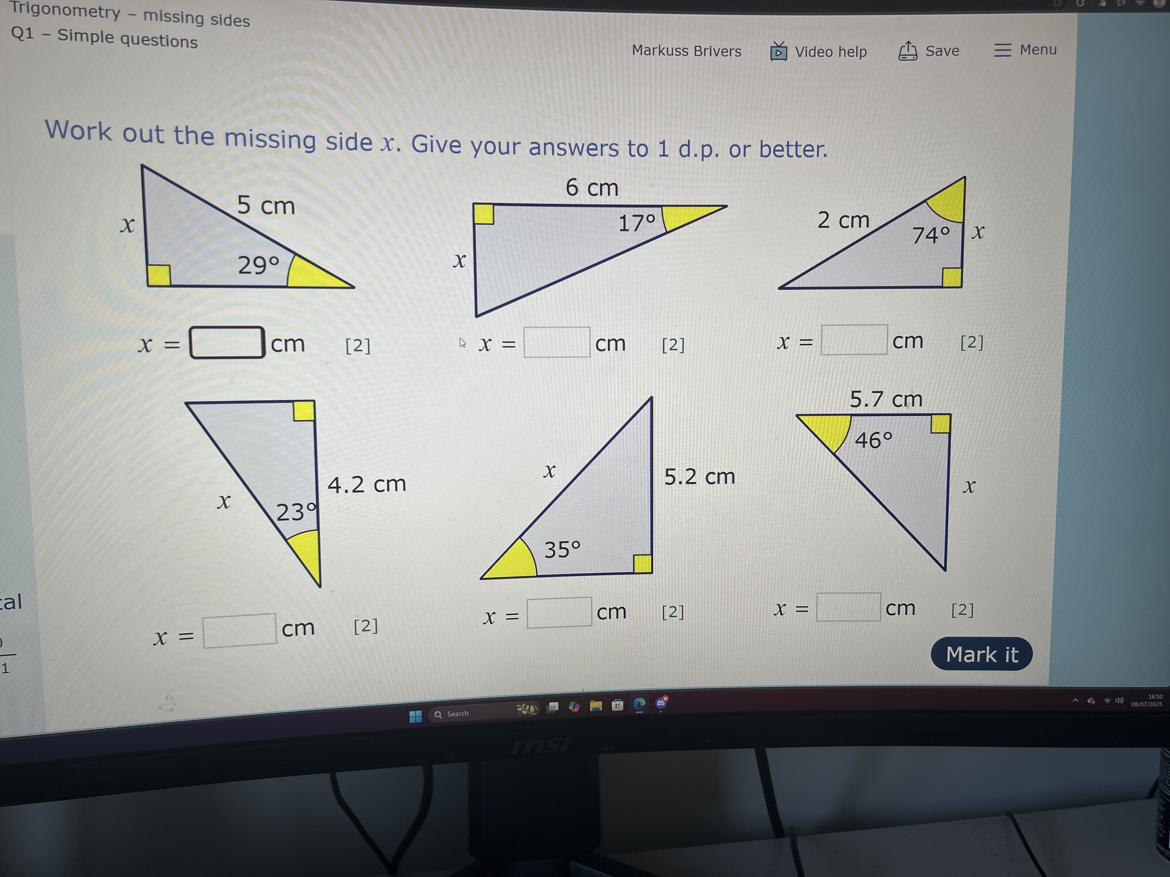 Work out the missing side \ ( x \ ) . Give your