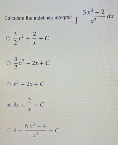 Calculate the indefinite integral: 3 x 3 - 2 x 2