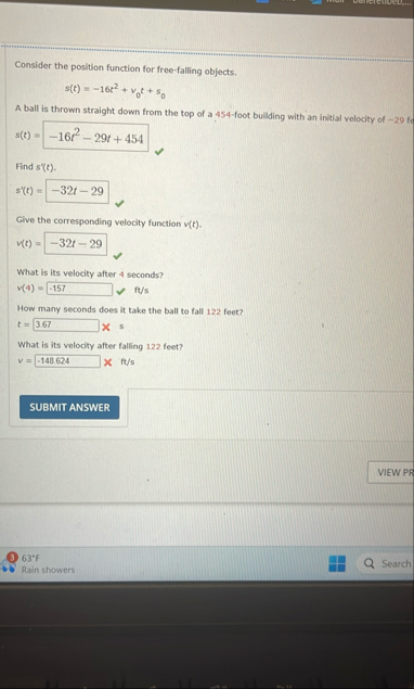 Consider the position function for free - falling