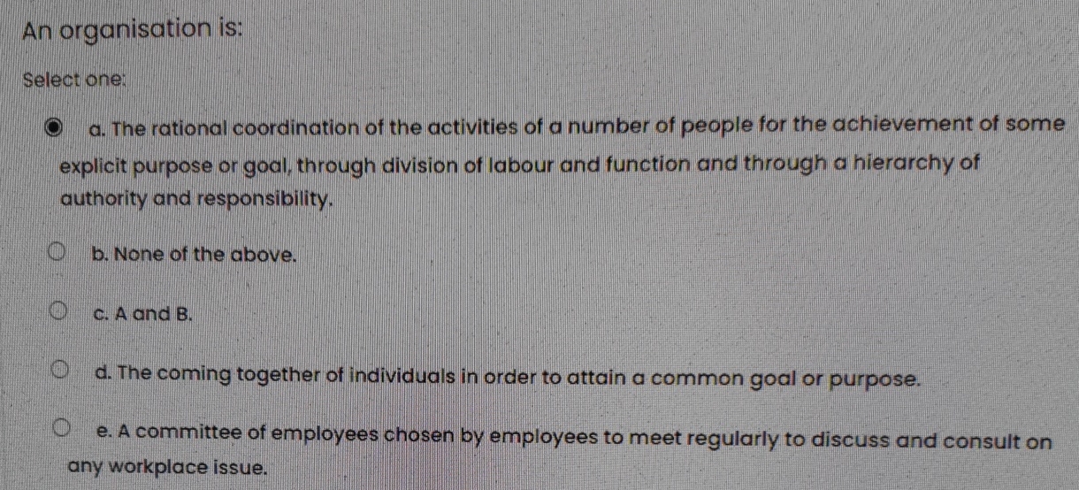 An organisation is: Select one: a . The rational