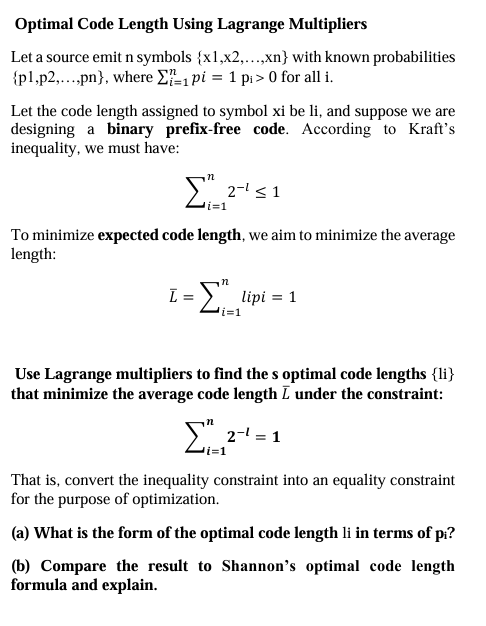 Optimal Code Length Using Lagrange Multipliers