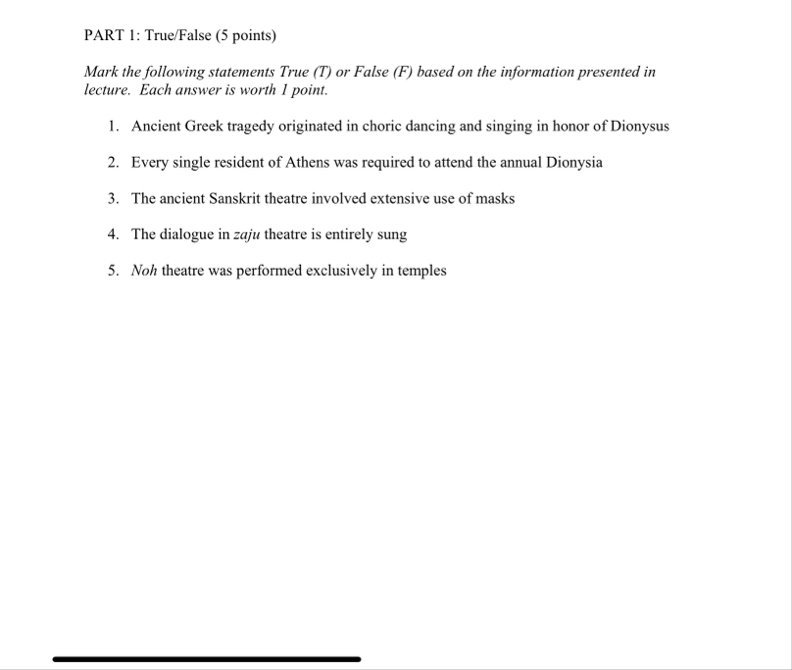 PART 1 : True / False ( 5 points ) Mark the