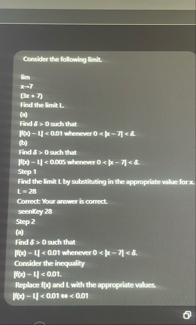 Consider the following limit . lim x 7 ( 3 x 7 )