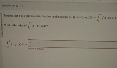 Question 1 of 1 2 Suppose that f is a