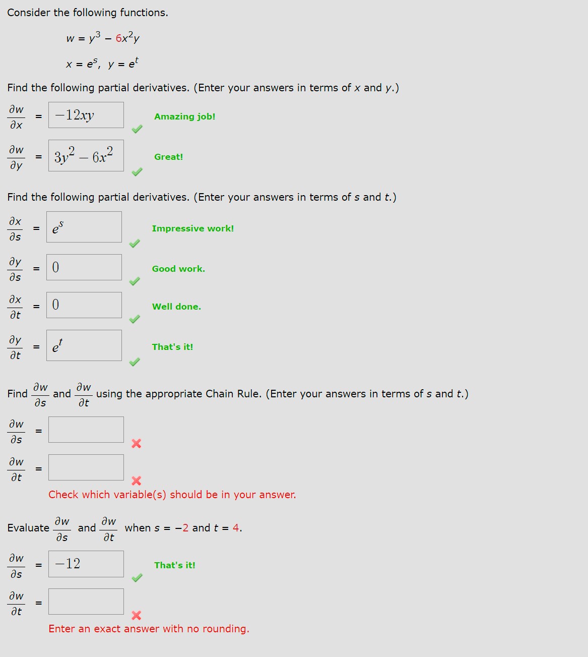 Consider the following functions. w = y 3 - 6 x 2