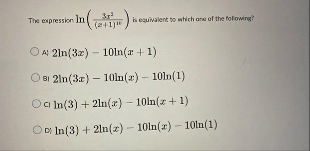 The expression l n ( 3 x 2 ( x 1 ) 1 0 ) is