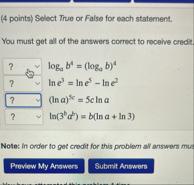 ( 4 points ) Select True or False for each