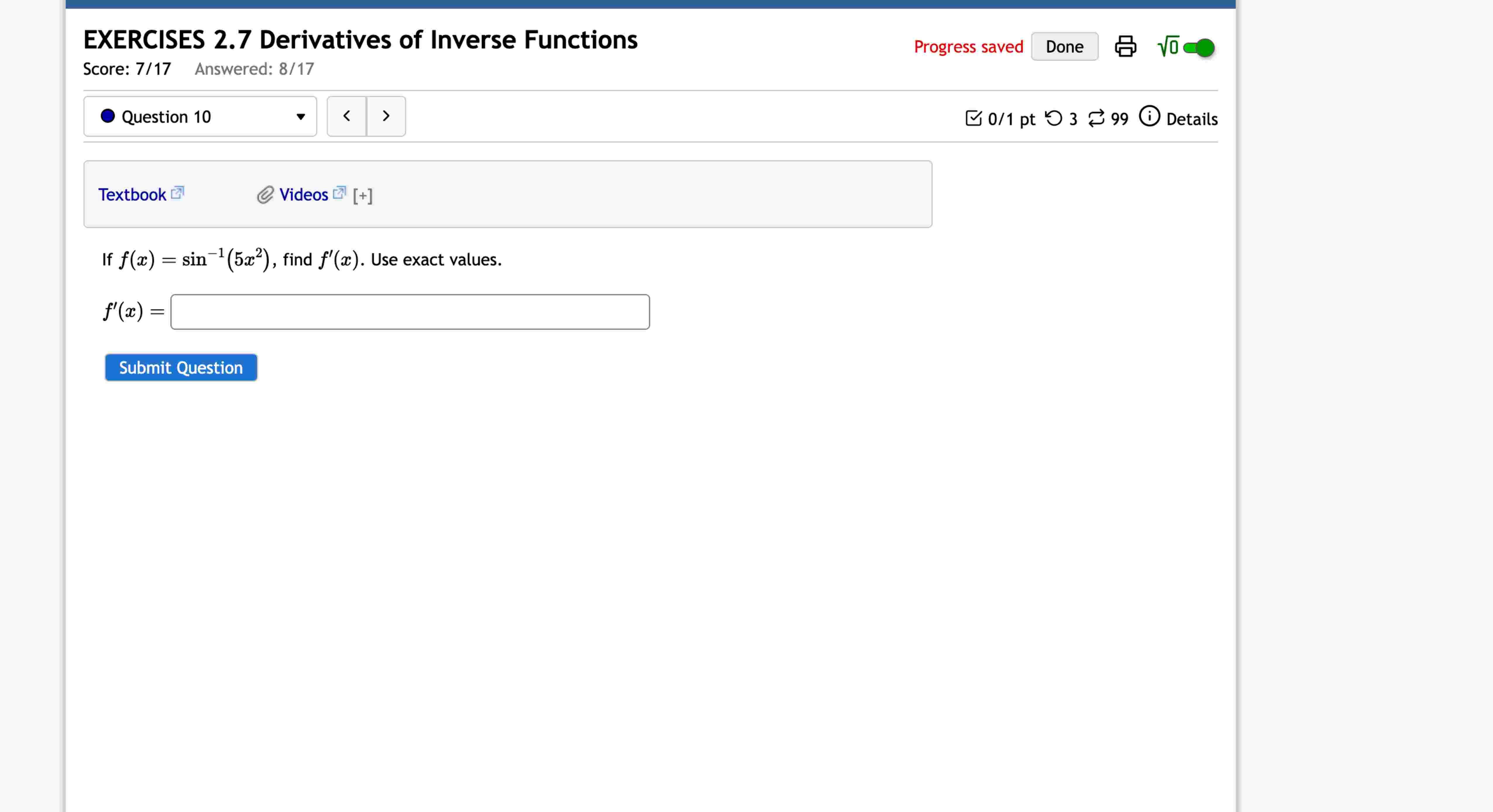 I f f ( x ) = s i n - 1 ( 5 x 2 ) , find f ' ( x