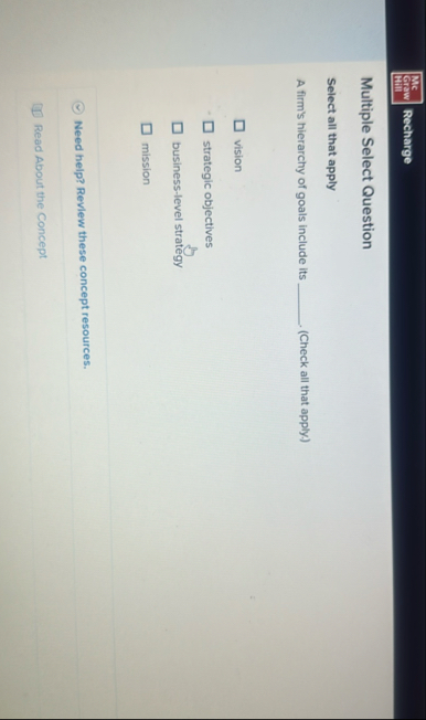 Mc Graw Recharge Hill Multiple Select Question