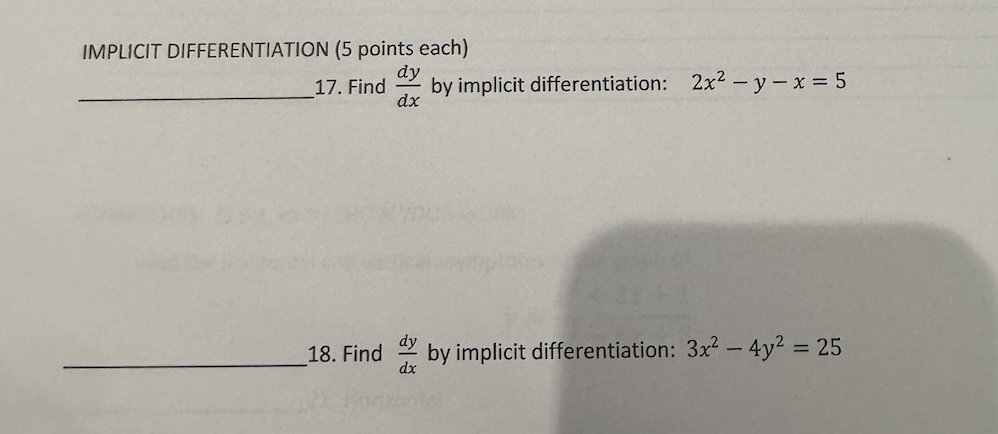 IMPLICIT DIFFERENTIATION ( 5 points each ) Find d