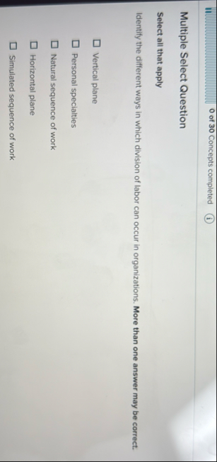 II 0 of 3 0 Concepts completed Multiple Select