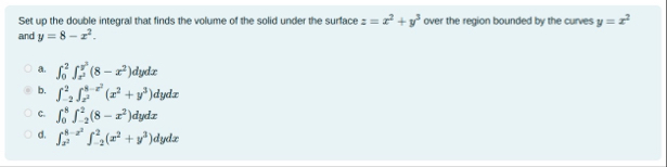 Set up the double integral that finds the volume