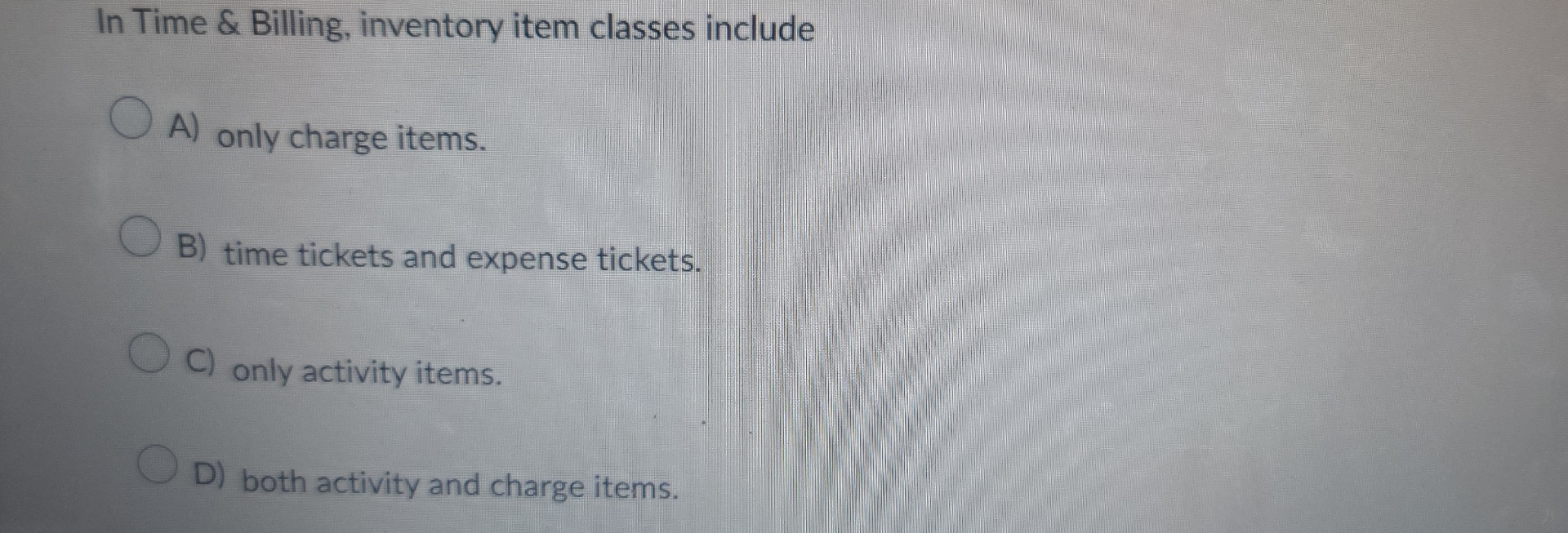In Time & Billing, inventory item classes include