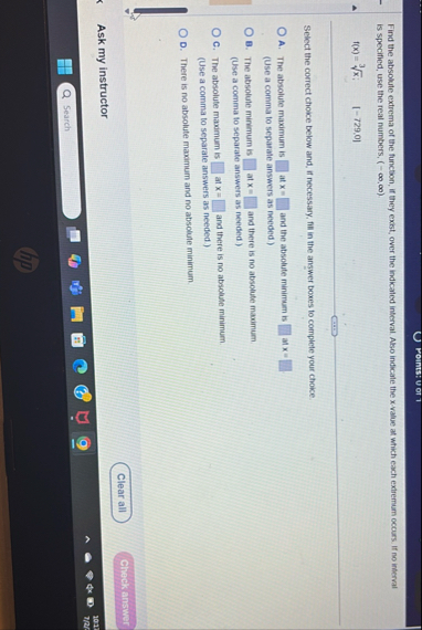 POINTS: U OI 1 Find the absolute extrema of the