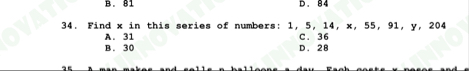 Find x in this series of numbers: 1 , 5 , 1 4 , x
