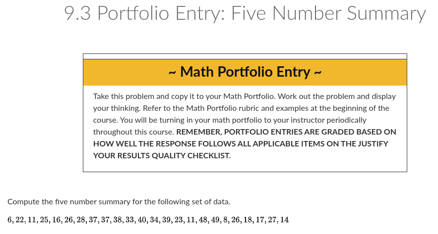 9 . 3 Portfolio Entry: Five Number Summary ~ Math