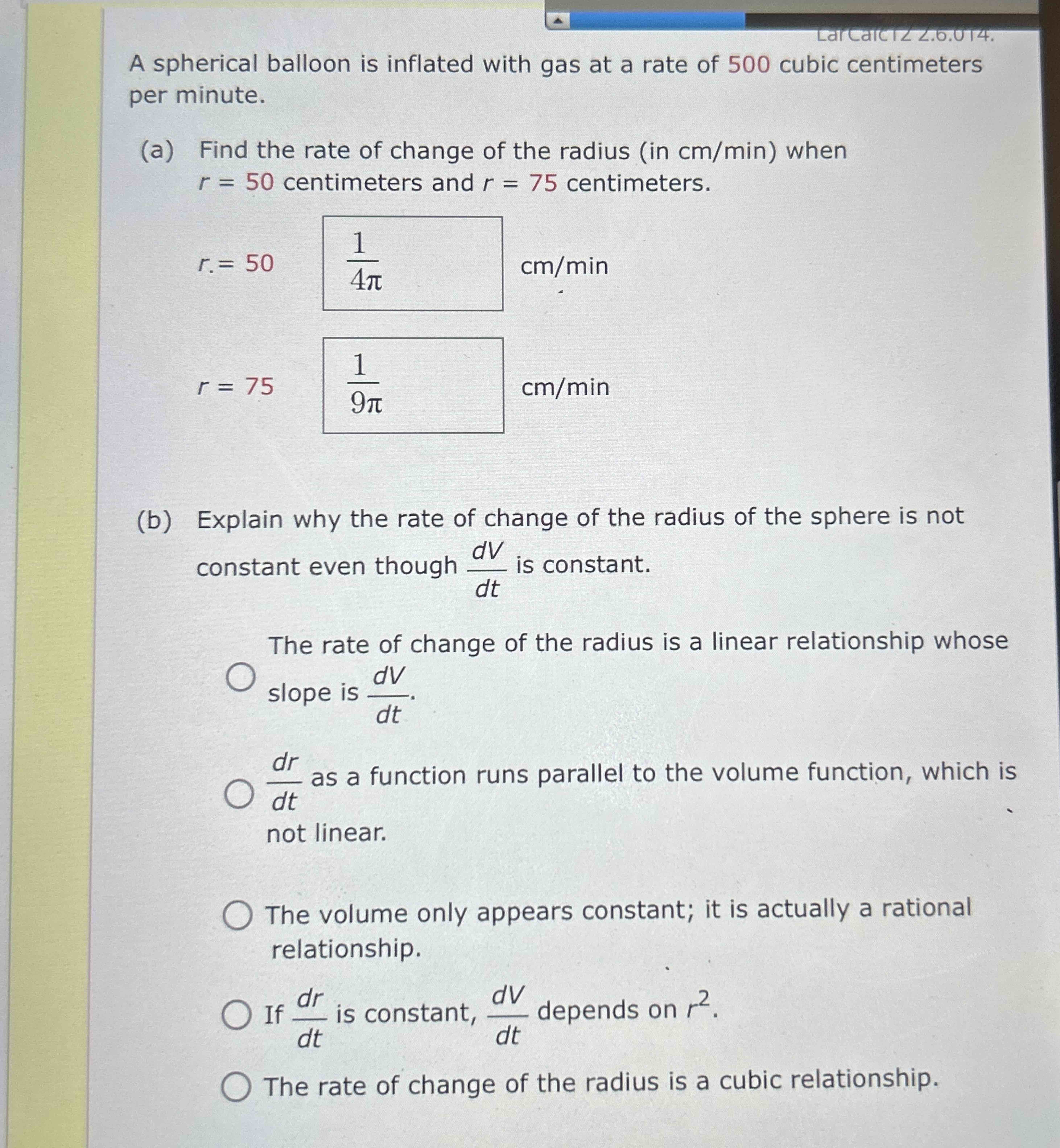 c m m i n r = 5 0 centimeters and r = 7 5