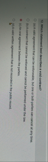 Which statement best describes a void contract? (