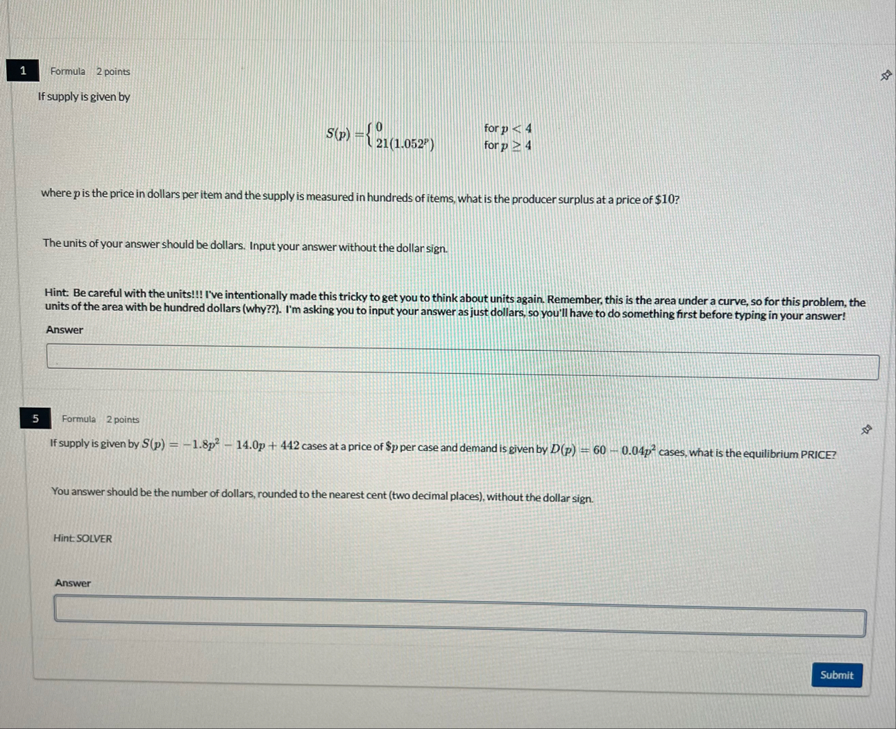 1 Formula 2 points If supply is given by S ( p )