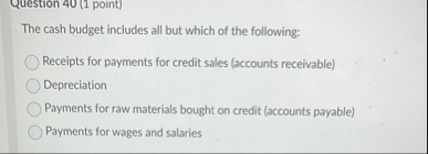 Question 4 0 ( 1 point ) The cash budget includes