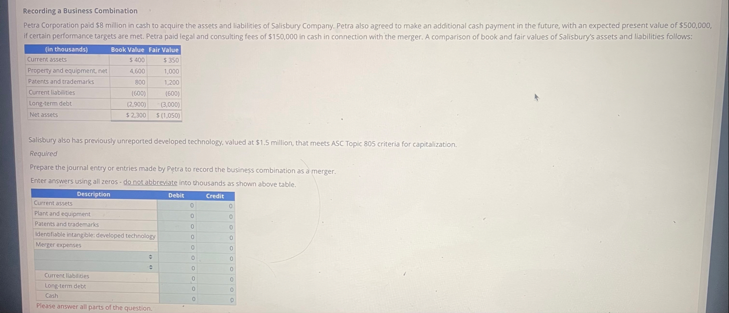 Recording a Business Combination \ table [ [ ( in