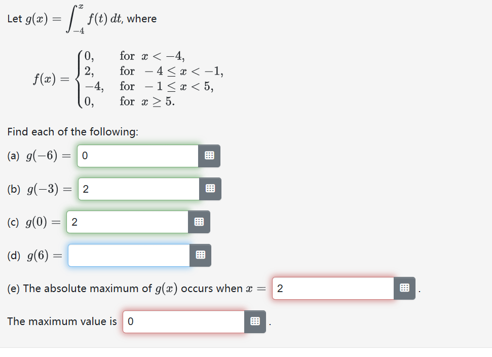 Let g ( x ) = - 4 x f ( t ) d t , where f ( x ) =