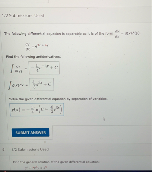 1 / 2 Submissions Used The following differential
