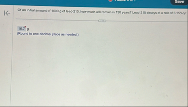 sawe Of an initial amount of 1 0 0 0 g of lead -