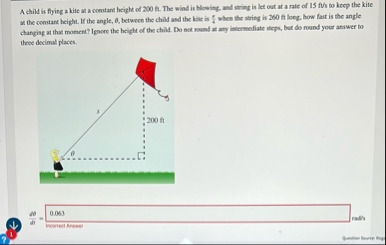 A child is fying a kite at a constant height of 2