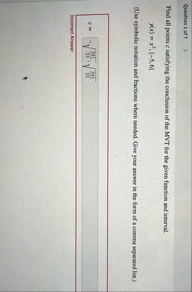 Question 1 of 7 Find all points c satisfying the