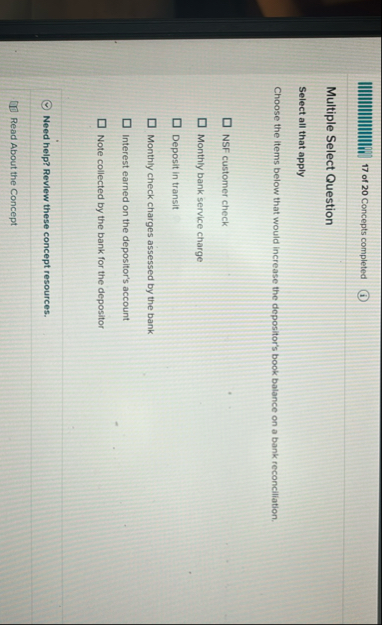 1 7 of 2 0 Concepts completed Multiple Select