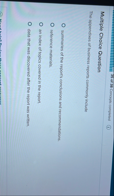3 5 of 3 8 Concepts completed Multiple Choice