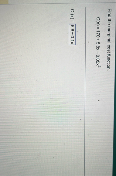 Find the marginal cost function. C ( x ) = 1 7 0