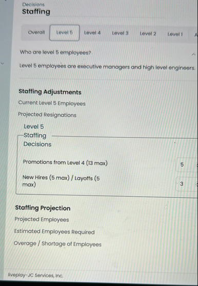 Decisions Staffing Overall Level 4 Level 3 Level
