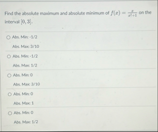 Find the absolute maximum and absolute minimum of