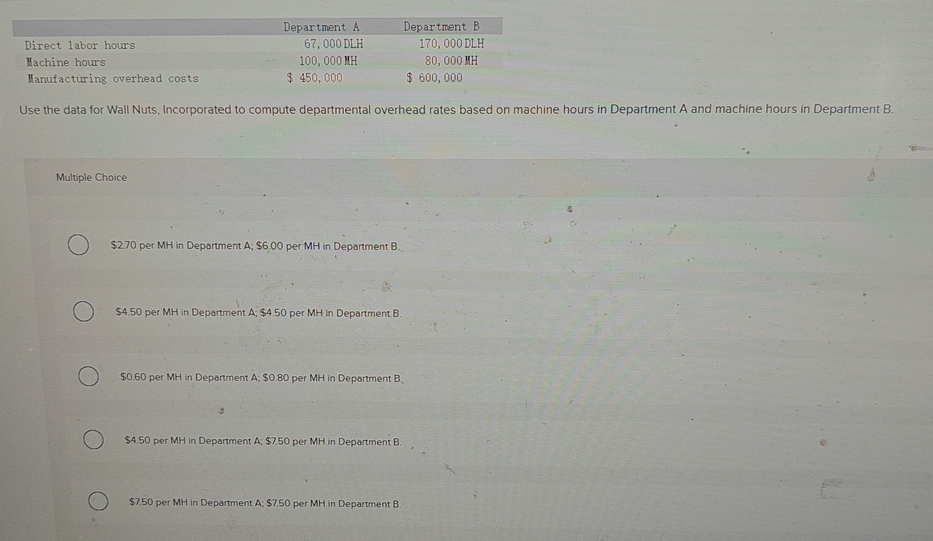 \ table [ [ , Department A , Department B ] , [