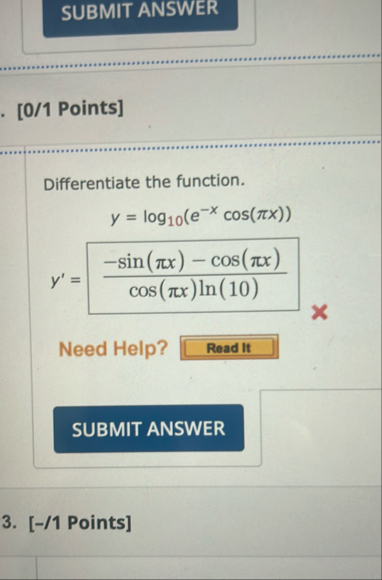 [ 0 / 1 Points ] Differentiate the function. y =