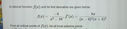 A rational function f ( x ) and its first