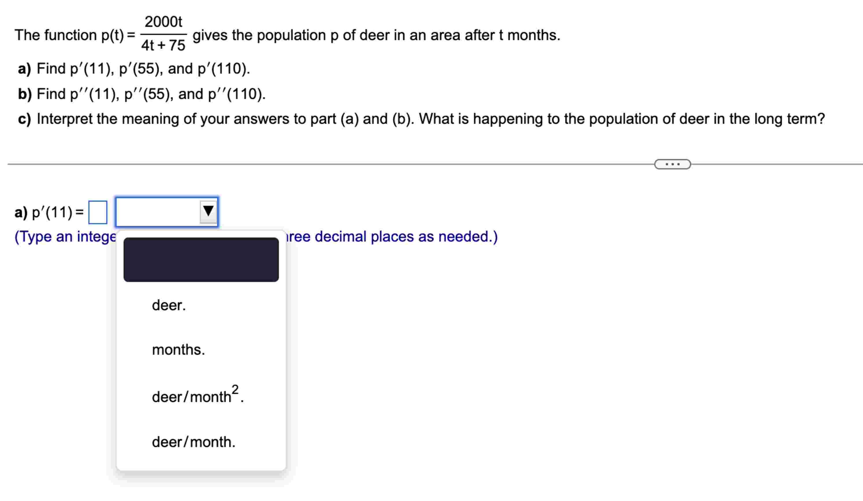 The function p ( t ) = 2 0 0 0 t 4 t + 7 5 gives